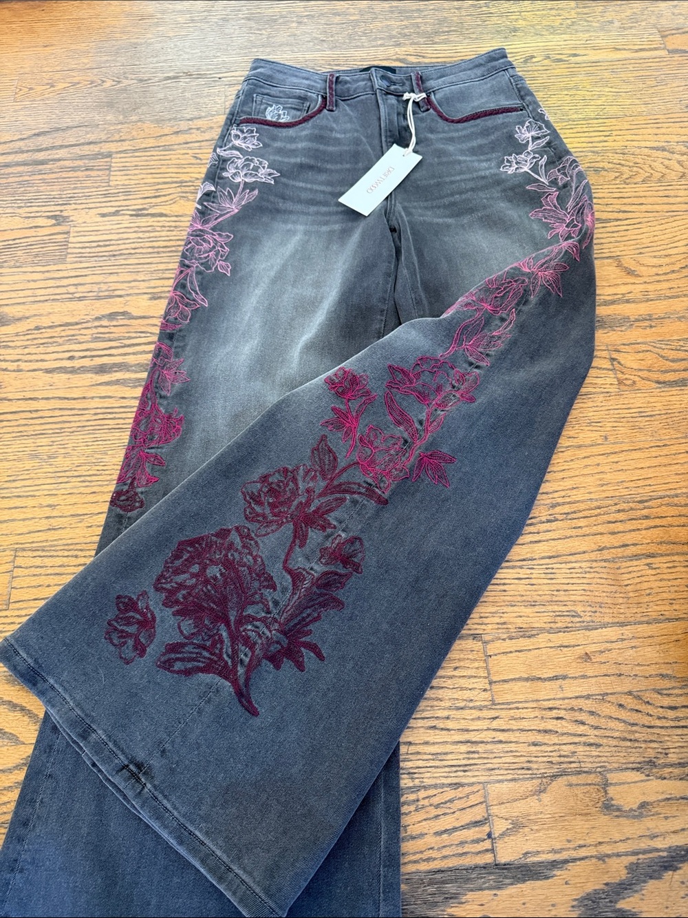 DRIFTWOOD Black Wide-Leg Jeans with Burgundy Floral Embroidery